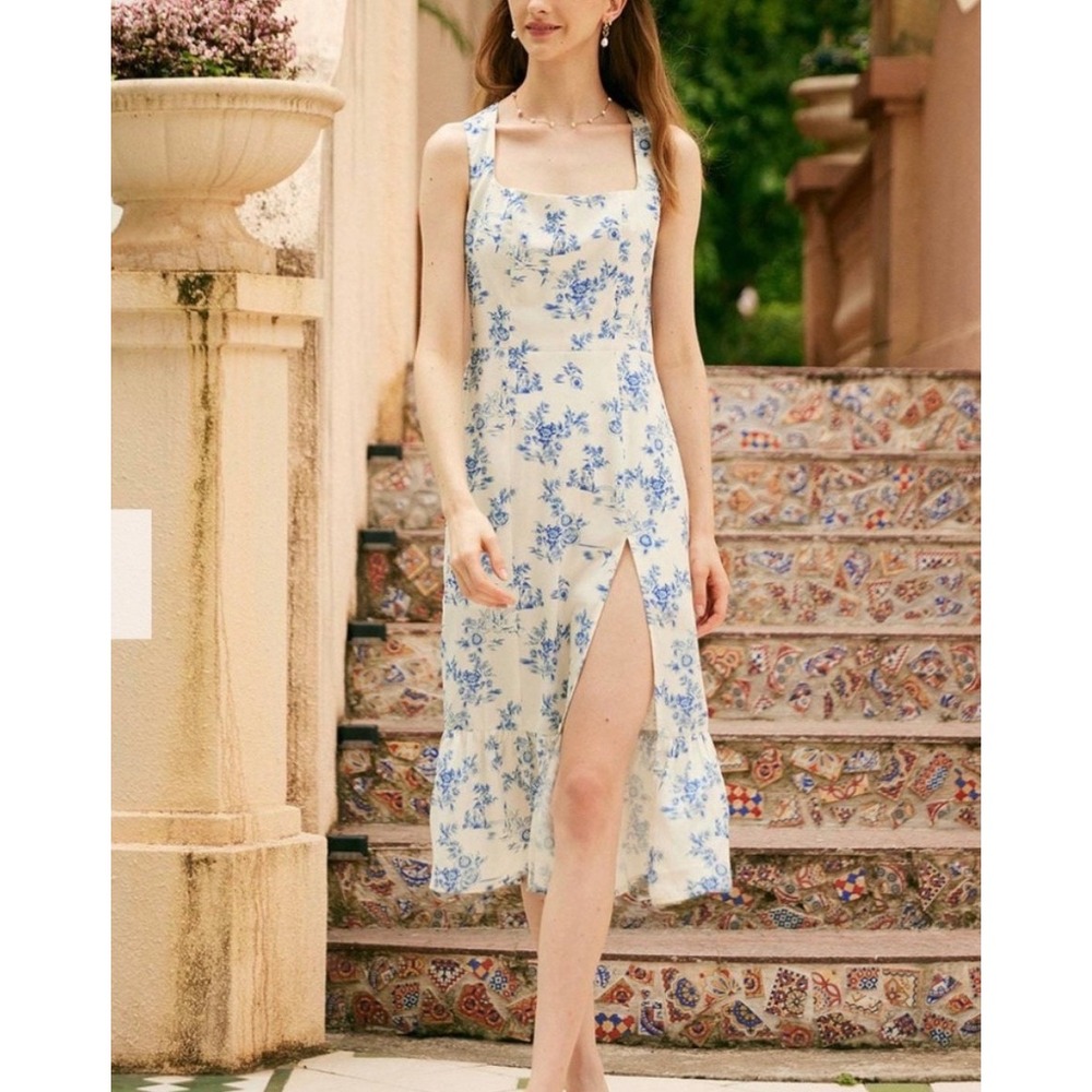 Rihoas Blue White Toile Floral Square Neck Ruffle Hem Midi Dress XS NWT